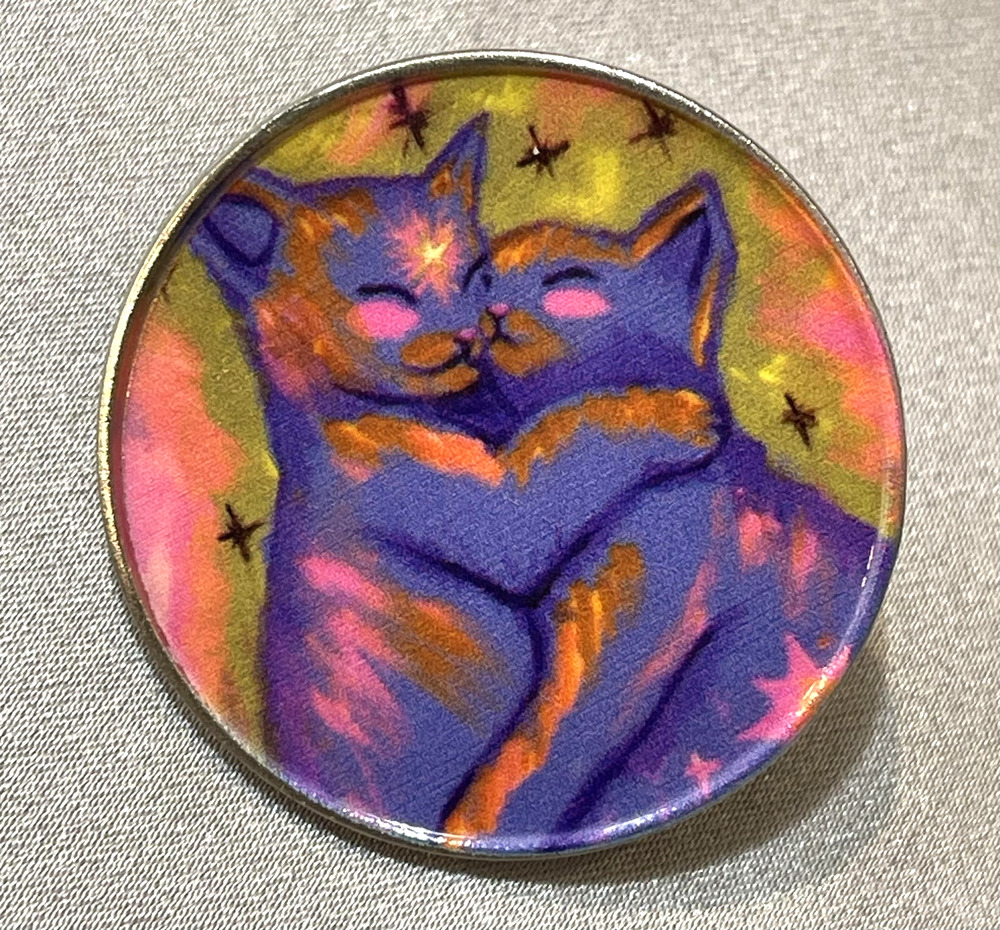 NWOT Purple Pink Cat Kitten Brooch Lapel Pin Art Hug Bonded Pair Pets Family
